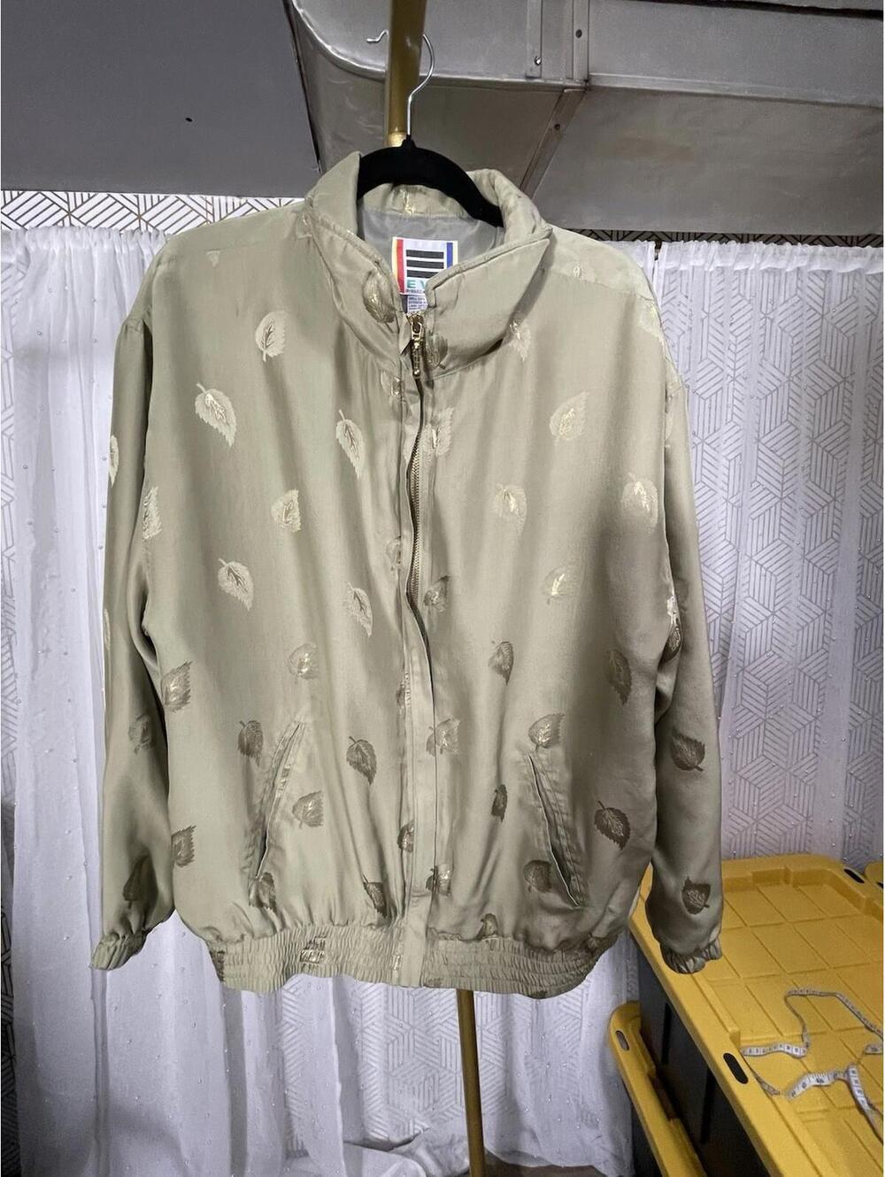 Vintage EVR Bomber Jacket Women L 100% Silk Gold Leaf Print Green Earthy 90's
